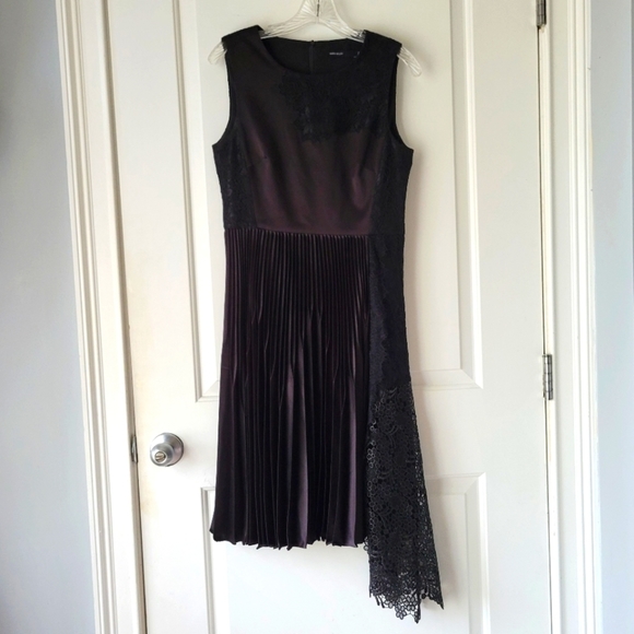 Karen Millen Formal Black Midi Dress Pleated Asymmetrical and Lace Detail 8 - Picture 1 of 8